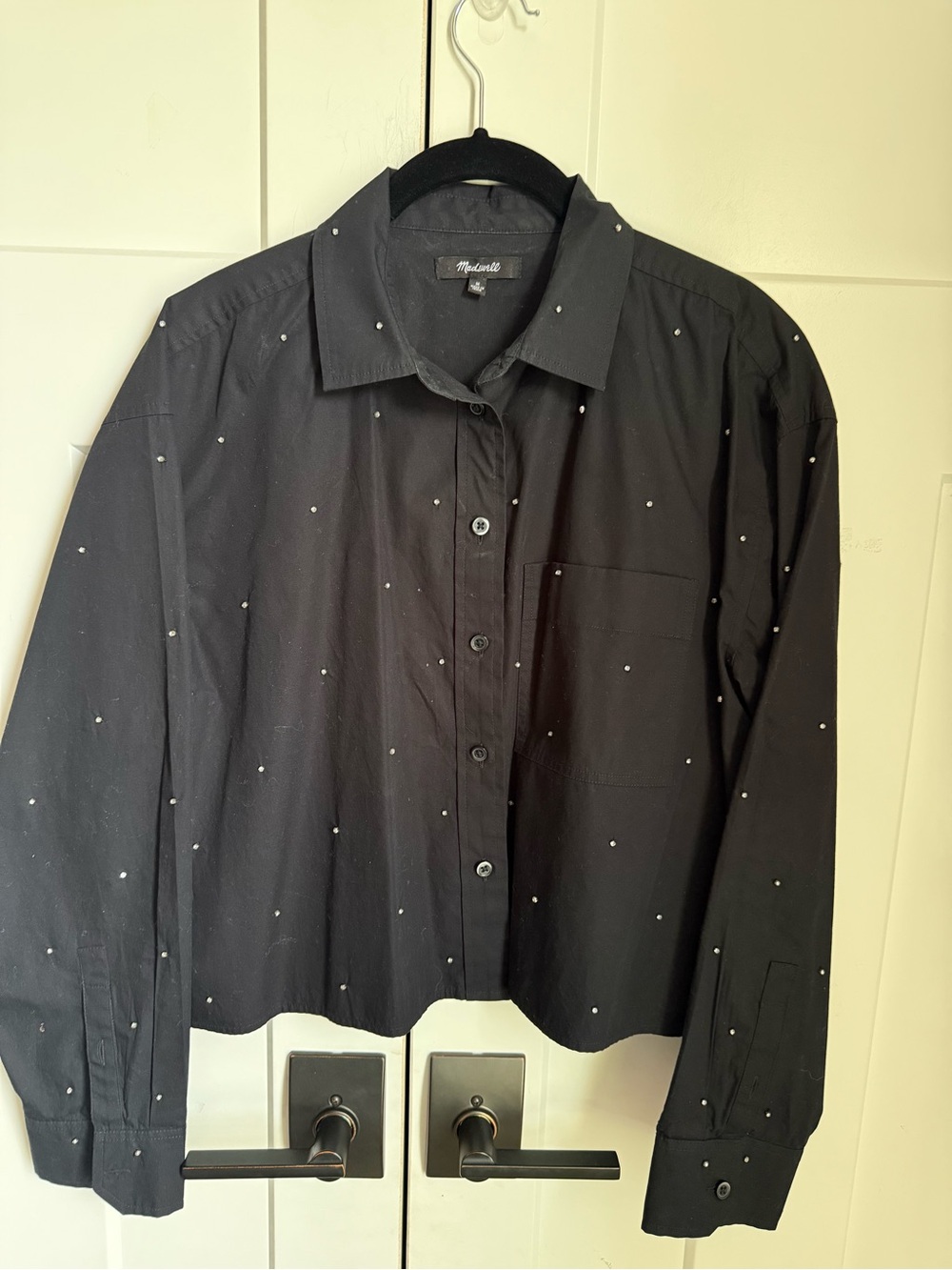 Madewell Black Cropped Button-Down Shirt with sparkling rhinestones. Size M. - Picture 3 of 9